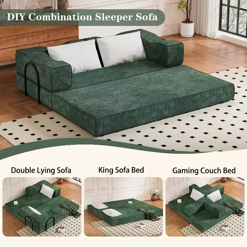 MooxvMoo 80 Canapé-lit convertible avec 2 oreillers, canapé de sol 3 places, lit double, combinaison DIY, chenille, vert