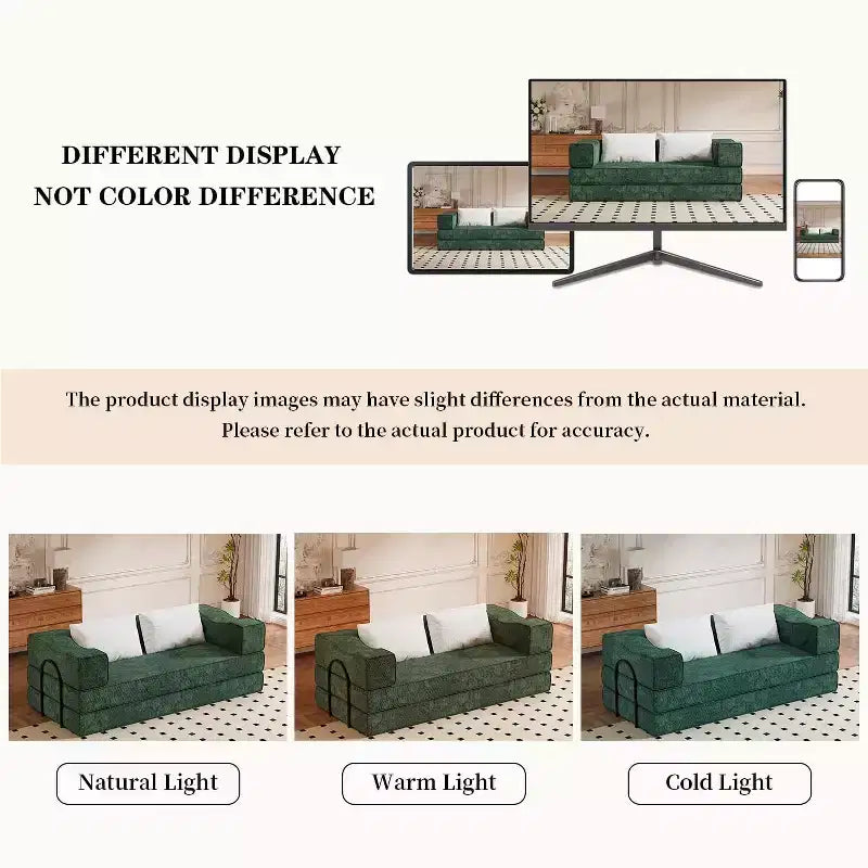 MooxvMoo 80 Canapé-lit convertible avec 2 oreillers, canapé de sol 3 places, lit double, combinaison DIY, chenille, vert