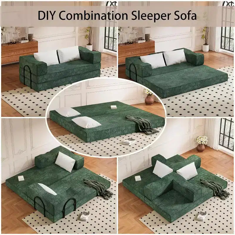 MooxvMoo 80 Canapé-lit convertible avec 2 oreillers, canapé de sol 3 places, lit double, combinaison DIY, chenille, vert