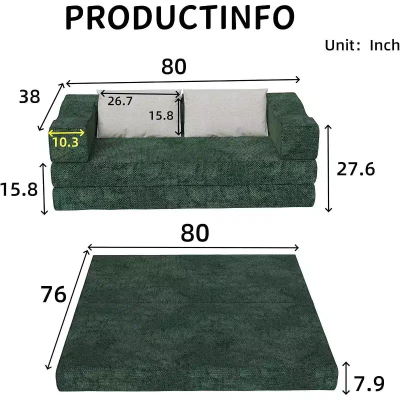 MooxvMoo 80 Canapé-lit convertible avec 2 oreillers, canapé de sol 3 places, lit double, combinaison DIY, chenille, vert