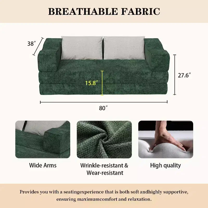 MooxvMoo 80 Canapé-lit convertible avec 2 oreillers, canapé de sol 3 places, lit double, combinaison DIY, chenille, vert
