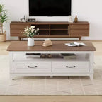 Table basse avec tiroirs, Table basse rustique de 120 cm avec étagère ouverte et 6 pieds de support, Grande table de salon avec rangement