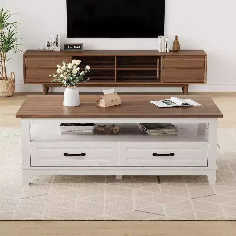 Table basse avec tiroirs, Table basse rustique de 120 cm avec étagère ouverte et 6 pieds de support, Grande table de salon avec rangement