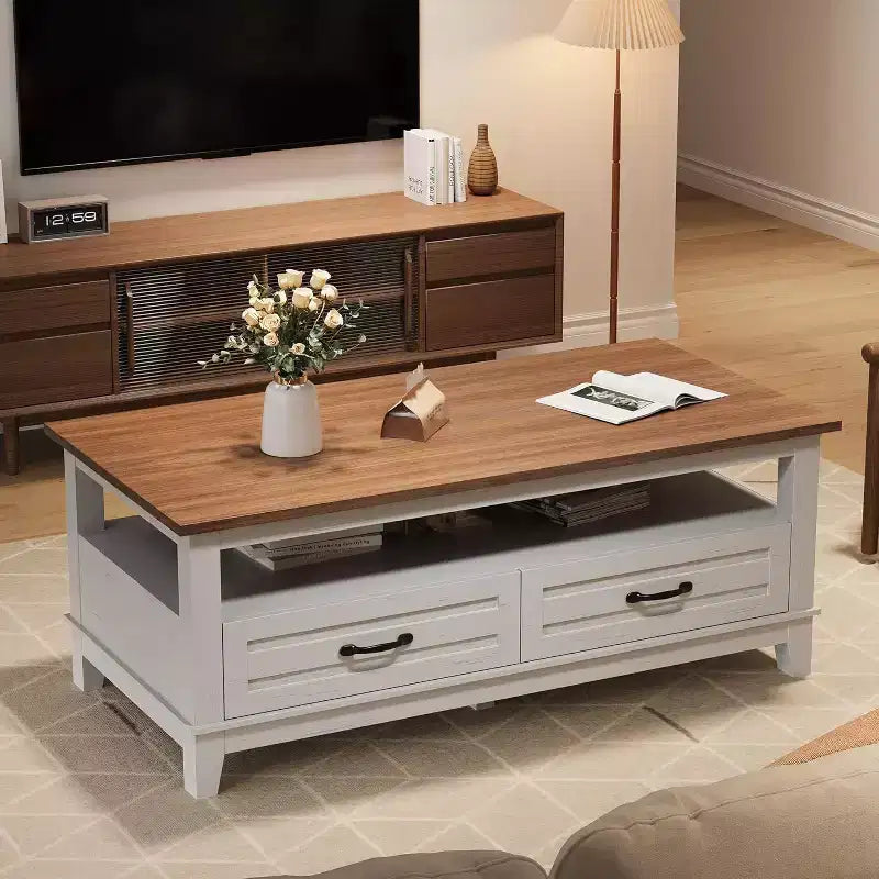 Table basse avec tiroirs, Table basse rustique de 120 cm avec étagère ouverte et 6 pieds de support, Grande table de salon avec rangement