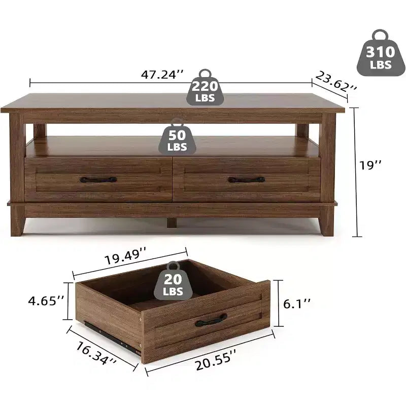 Table basse avec tiroirs, Table basse rustique de 120 cm avec étagère ouverte et 6 pieds de support, Grande table de salon avec rangement