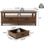 Table basse avec tiroirs, Table basse rustique de 120 cm avec étagère ouverte et 6 pieds de support, Grande table de salon avec rangement