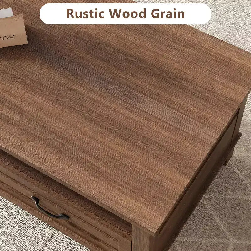 Table basse avec tiroirs, Table basse rustique de 120 cm avec étagère ouverte et 6 pieds de support, Grande table de salon avec rangement