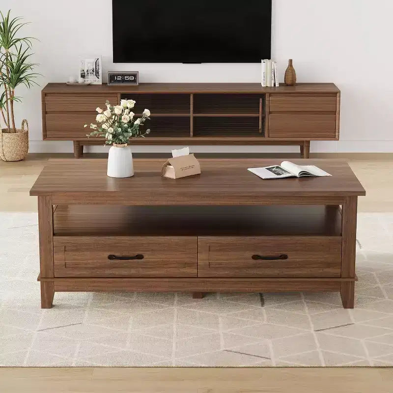 Table basse avec tiroirs, Table basse rustique de 120 cm avec étagère ouverte et 6 pieds de support, Grande table de salon avec rangement