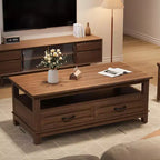 Table basse avec tiroirs, Table basse rustique de 120 cm avec étagère ouverte et 6 pieds de support, Grande table de salon avec rangement