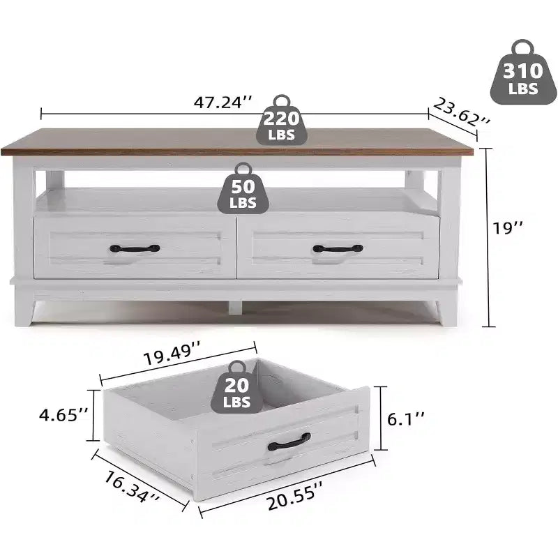 Table basse avec tiroirs, Table basse rustique de 120 cm avec étagère ouverte et 6 pieds de support, Grande table de salon avec rangement