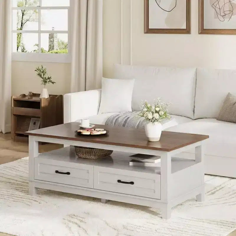 Table basse avec tiroirs, Table basse rustique de 120 cm avec étagère ouverte et 6 pieds de support, Grande table de salon avec rangement
