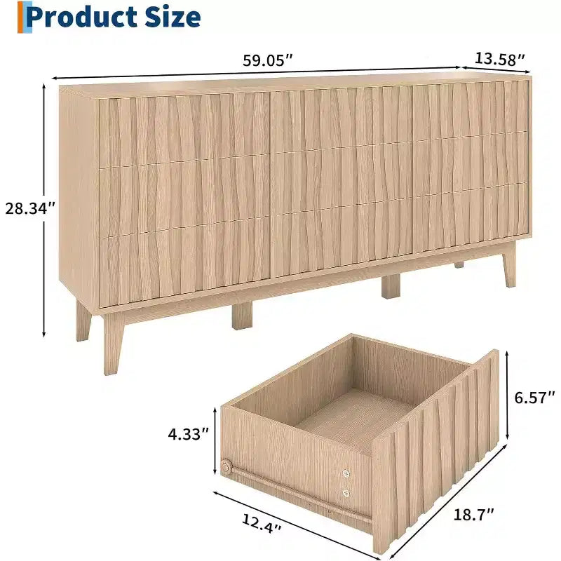 Commode à 9 tiroirs, coffre en bois moderne cannelé, meuble de rangement en bois autoportant, pour salon, entrée