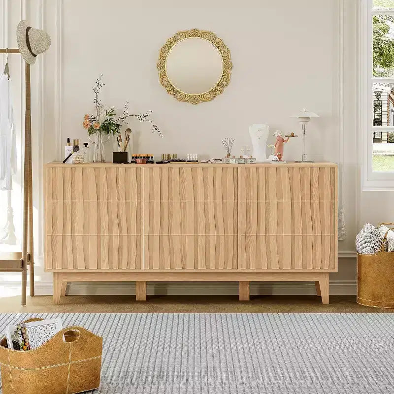 Commode à 9 tiroirs, coffre en bois moderne cannelé, meuble de rangement en bois autoportant, pour salon, entrée
