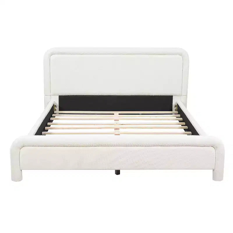 Lit plateforme tapissier ModernLuxe Queen/King avec tête de lit incurvée, cadre de lit solide, pas besoin de sommier tapissier, blanc