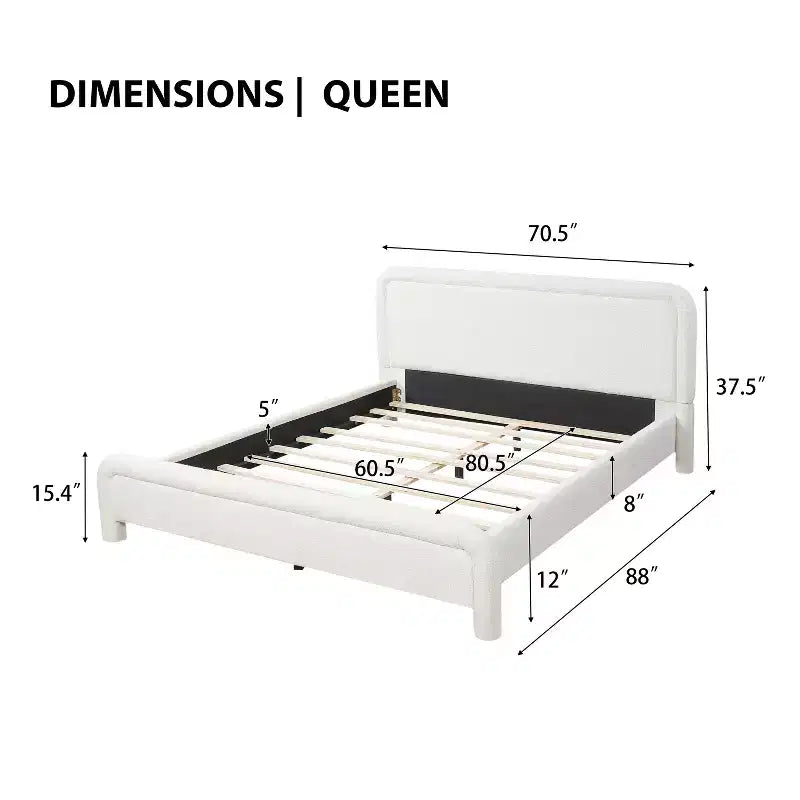 Lit plateforme tapissier ModernLuxe Queen/King avec tête de lit incurvée, cadre de lit solide, pas besoin de sommier tapissier, blanc
