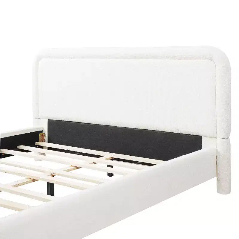 Lit plateforme tapissier ModernLuxe Queen/King avec tête de lit incurvée, cadre de lit solide, pas besoin de sommier tapissier, blanc