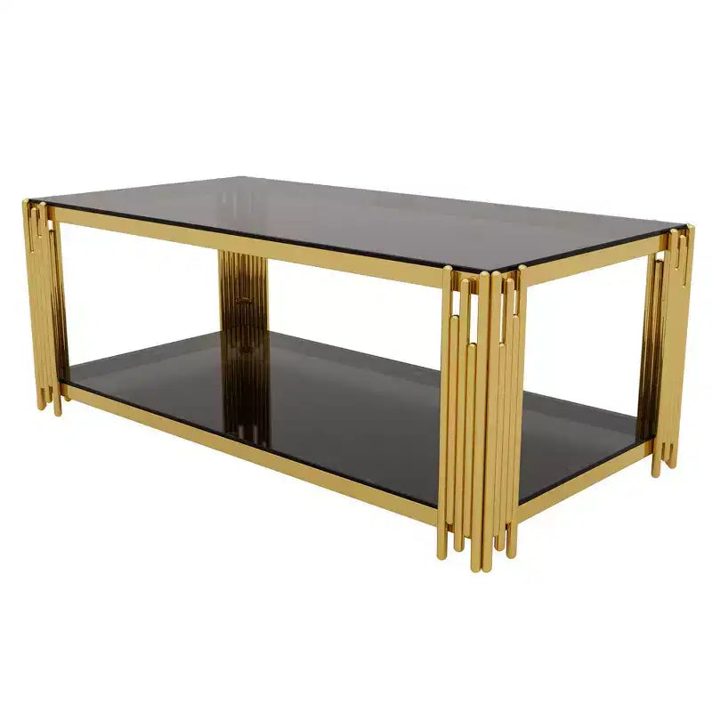 Ensemble 3 pièces table basse et tables d'appoint modernes Whisen avec plateau en verre trempé et base en métal asymétrique