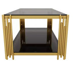 Ensemble 3 pièces table basse et tables d'appoint modernes Whisen avec plateau en verre trempé et base en métal asymétrique