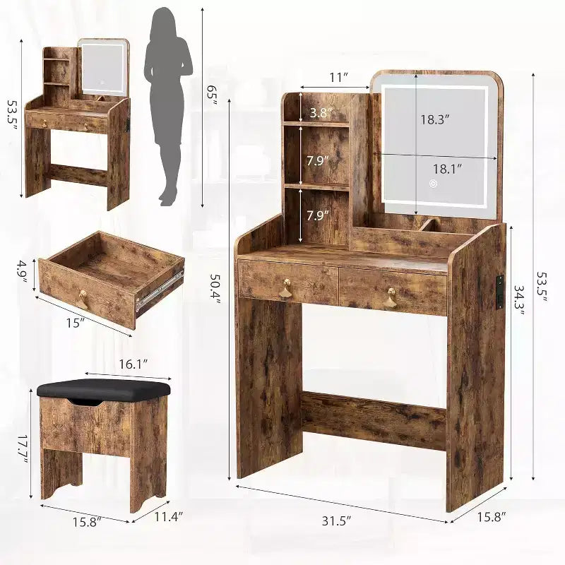 Coiffeuse avec miroir, petite table de maquillage avec tiroirs de rangement et tabouret, 3 modes d'éclairage, coiffeuse pour femmes et filles