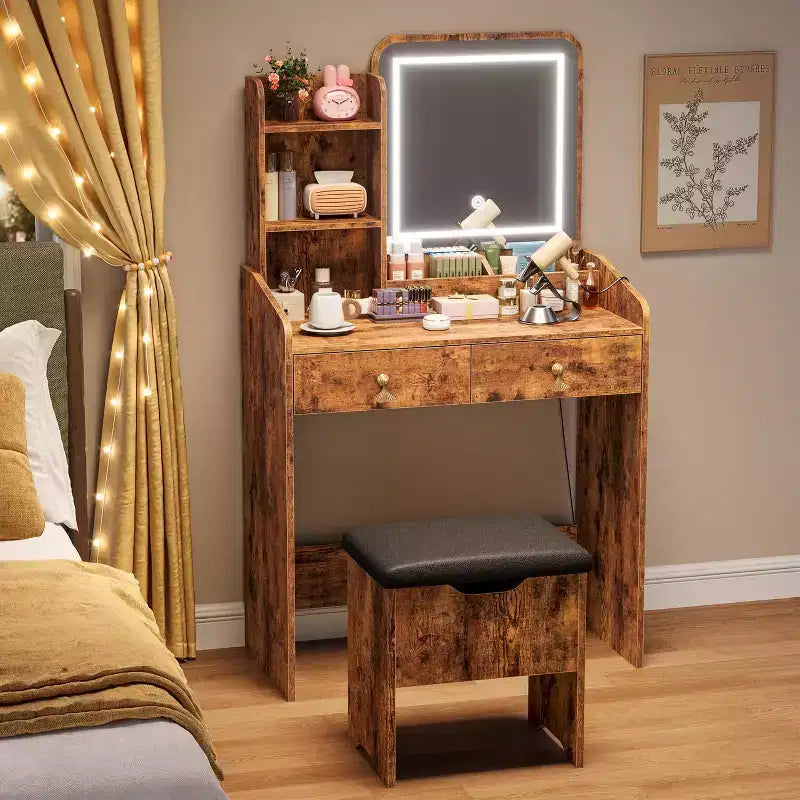 Coiffeuse avec miroir, petite table de maquillage avec tiroirs de rangement et tabouret, 3 modes d'éclairage, coiffeuse pour femmes et filles