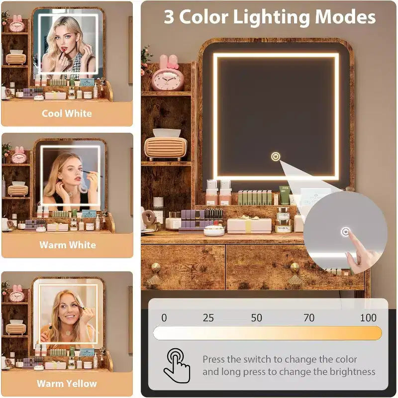 Coiffeuse avec miroir, petite table de maquillage avec tiroirs de rangement et tabouret, 3 modes d'éclairage, coiffeuse pour femmes et filles