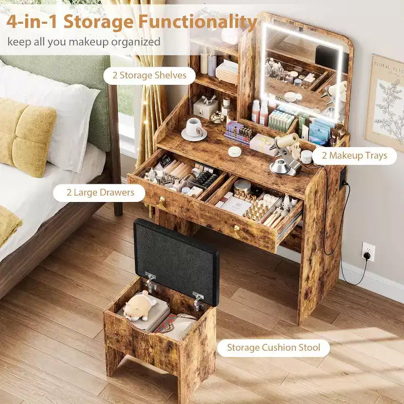 Coiffeuse avec miroir, petite table de maquillage avec tiroirs de rangement et tabouret, 3 modes d'éclairage, coiffeuse pour femmes et filles
