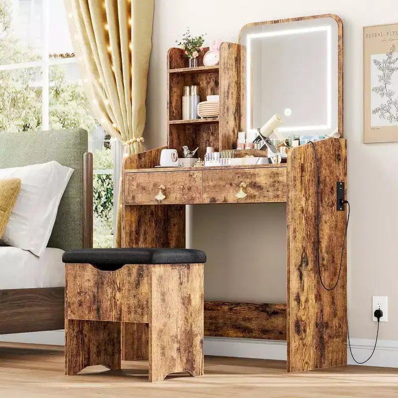 Coiffeuse avec miroir, petite table de maquillage avec tiroirs de rangement et tabouret, 3 modes d'éclairage, coiffeuse pour femmes et filles