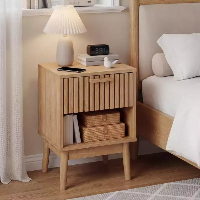 Lot de 2 tables de chevet bohèmes, petites tables de nuit avec tiroir et étagère ouverte, tables d'appoint décorées de lattes en bois pour chambre, dortoir et petits espaces
