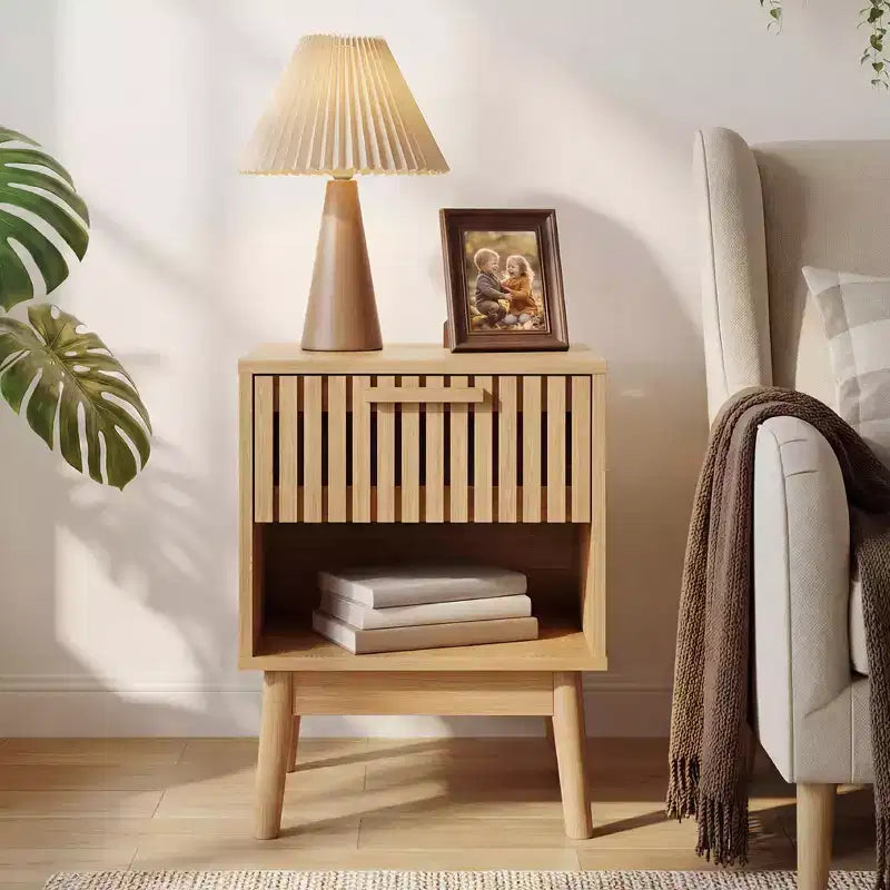 Lot de 2 tables de chevet bohèmes, petites tables de nuit avec tiroir et étagère ouverte, tables d'appoint décorées de lattes en bois pour chambre, dortoir et petits espaces