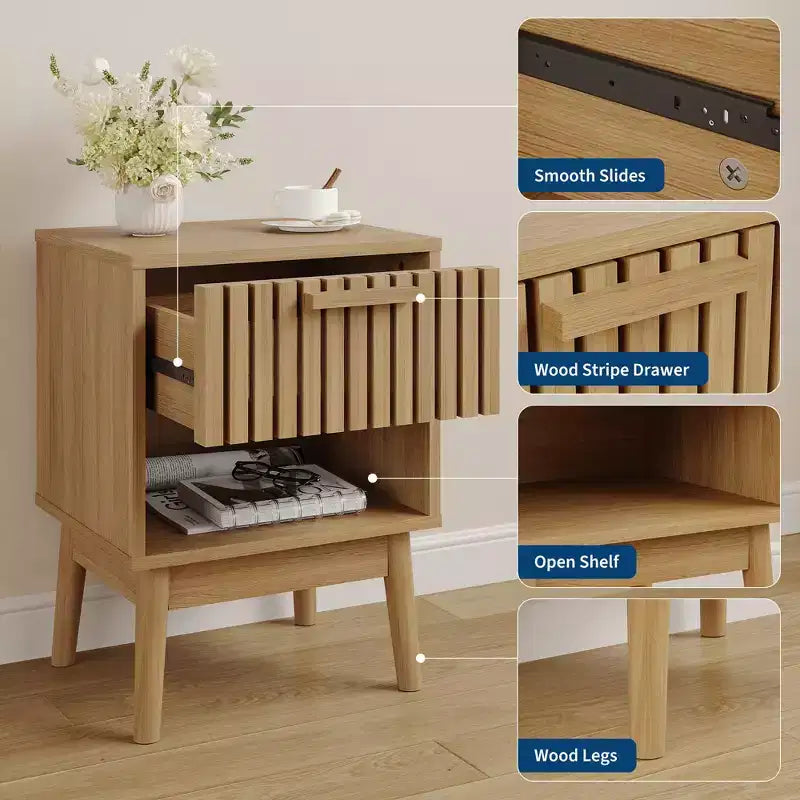 Lot de 2 tables de chevet bohèmes, petites tables de nuit avec tiroir et étagère ouverte, tables d'appoint décorées de lattes en bois pour chambre, dortoir et petits espaces