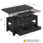 Table basse relevable séparée de 100 cm, surface pivotante à 180° se transformant en bureau de salle à manger, 2 tiroirs avec rangement dissimulé, meuble central de style industriel moderne