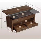Table basse relevable séparée de 100 cm, surface pivotante à 180° se transformant en bureau de salle à manger, 2 tiroirs avec rangement dissimulé, meuble central de style industriel moderne