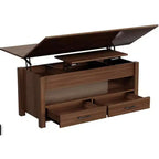 Table basse relevable séparée de 100 cm, surface pivotante à 180° se transformant en bureau de salle à manger, 2 tiroirs avec rangement dissimulé, meuble central de style industriel moderne