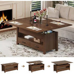Table basse relevable séparée de 100 cm, surface pivotante à 180° se transformant en bureau de salle à manger, 2 tiroirs avec rangement dissimulé, meuble central de style industriel moderne
