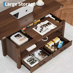 Table basse relevable séparée de 100 cm, surface pivotante à 180° se transformant en bureau de salle à manger, 2 tiroirs avec rangement dissimulé, meuble central de style industriel moderne