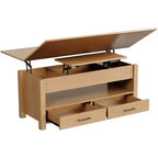 Table basse relevable séparée de 100 cm, surface pivotante à 180° se transformant en bureau de salle à manger, 2 tiroirs avec rangement dissimulé, meuble central de style industriel moderne