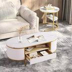 Table basse ovale de 120 cm, table centrale moderne cannelée avec plateau imitation marbre, tiroirs coulissants et pieds en métal doré, table à thé minimaliste pour salon