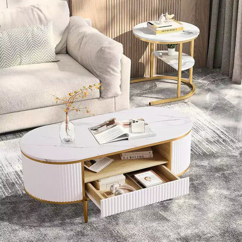 Table basse ovale de 120 cm, table centrale moderne cannelée avec plateau imitation marbre, tiroirs coulissants et pieds en métal doré, table à thé minimaliste pour salon