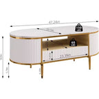 Table basse ovale de 120 cm, table centrale moderne cannelée avec plateau imitation marbre, tiroirs coulissants et pieds en métal doré, table à thé minimaliste pour salon