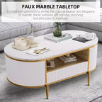 Table basse ovale de 120 cm, table centrale moderne cannelée avec plateau imitation marbre, tiroirs coulissants et pieds en métal doré, table à thé minimaliste pour salon