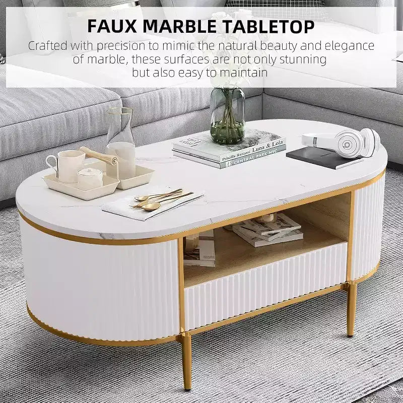 Table basse ovale de 120 cm, table centrale moderne cannelée avec plateau imitation marbre, tiroirs coulissants et pieds en métal doré, table à thé minimaliste pour salon
