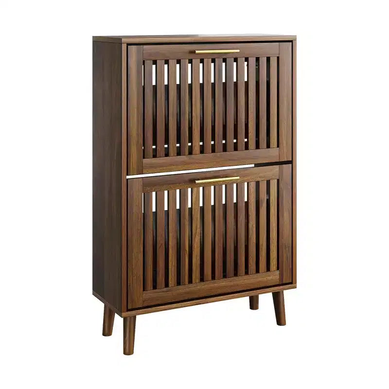 Meuble à chaussures FurnitureR en noyer de 60 cm, meuble de rangement d'entrée moderne avec 2 tiroirs basculants, design clôture, pour couloir et vestibule