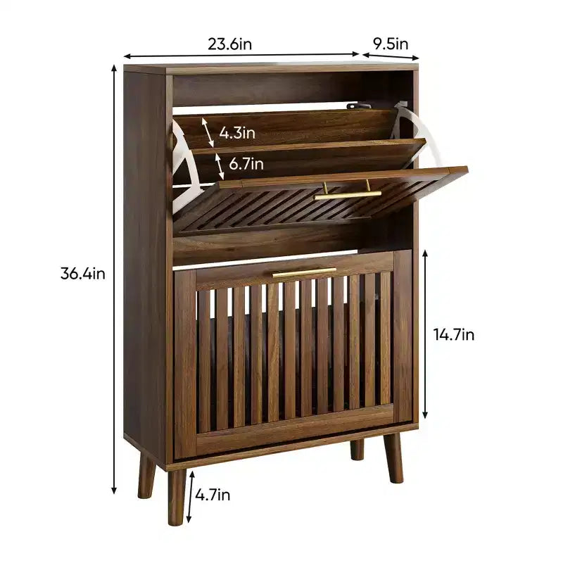 Meuble à chaussures FurnitureR en noyer de 60 cm, meuble de rangement d'entrée moderne avec 2 tiroirs basculants, design clôture, pour couloir et vestibule