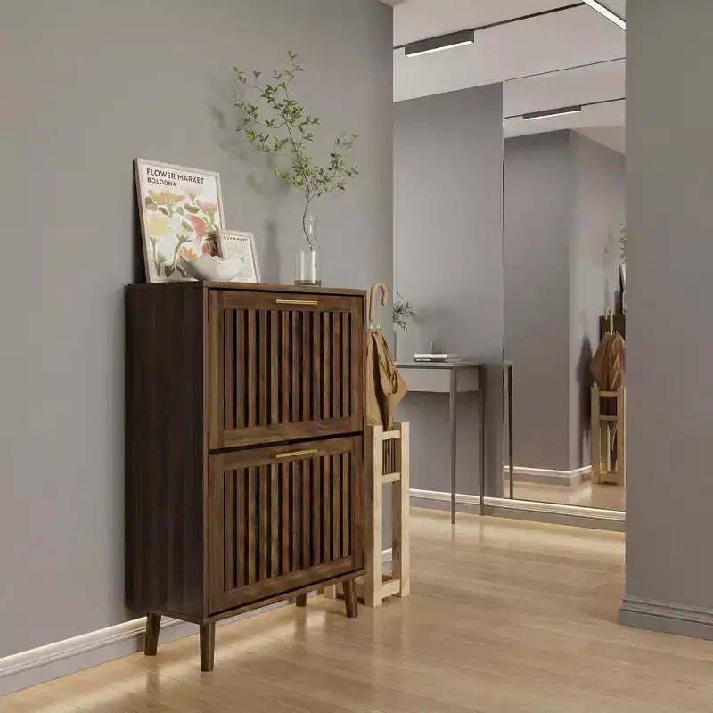 Meuble à chaussures FurnitureR en noyer de 60 cm, meuble de rangement d'entrée moderne avec 2 tiroirs basculants, design clôture, pour couloir et vestibule
