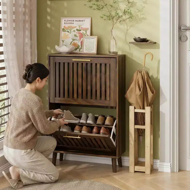 Meuble à chaussures FurnitureR en noyer de 60 cm, meuble de rangement d'entrée moderne avec 2 tiroirs basculants, design clôture, pour couloir et vestibule