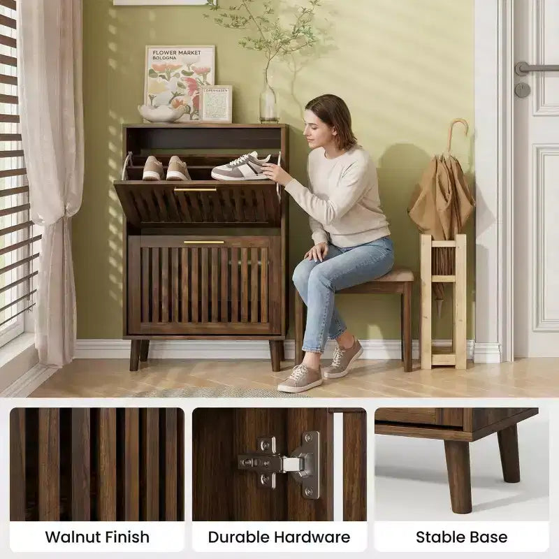 Meuble à chaussures FurnitureR en noyer de 60 cm, meuble de rangement d'entrée moderne avec 2 tiroirs basculants, design clôture, pour couloir et vestibule