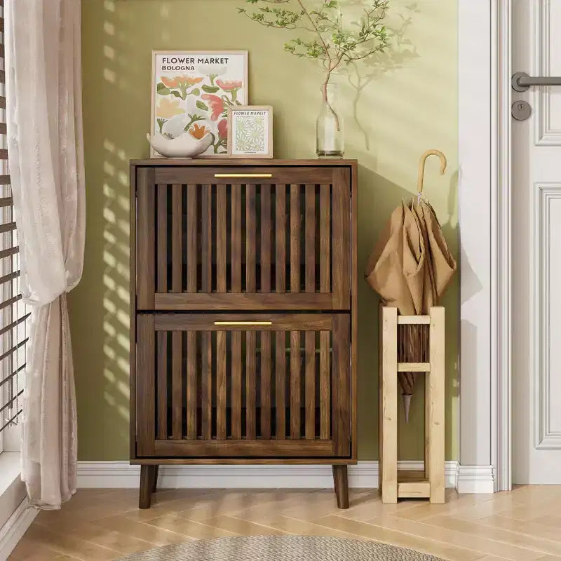 Meuble à chaussures FurnitureR en noyer de 60 cm, meuble de rangement d'entrée moderne avec 2 tiroirs basculants, design clôture, pour couloir et vestibule