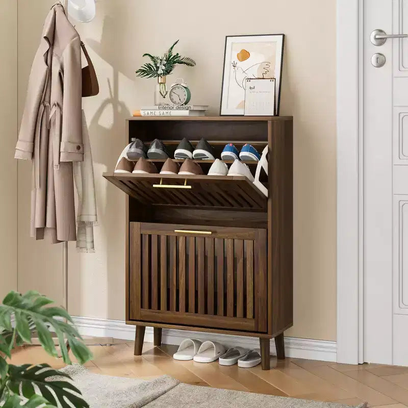 Meuble à chaussures FurnitureR en noyer de 60 cm, meuble de rangement d'entrée moderne avec 2 tiroirs basculants, design clôture, pour couloir et vestibule