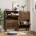 Meuble à chaussures FurnitureR en noyer de 60 cm, meuble de rangement d'entrée moderne avec 2 tiroirs basculants, design clôture, pour couloir et vestibule
