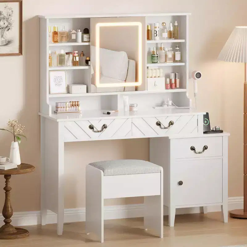 Vanity Desk with Sliding Mirror, Makeup Table with Stool, Modern Extendable Makeup Table, for Home, Living Room